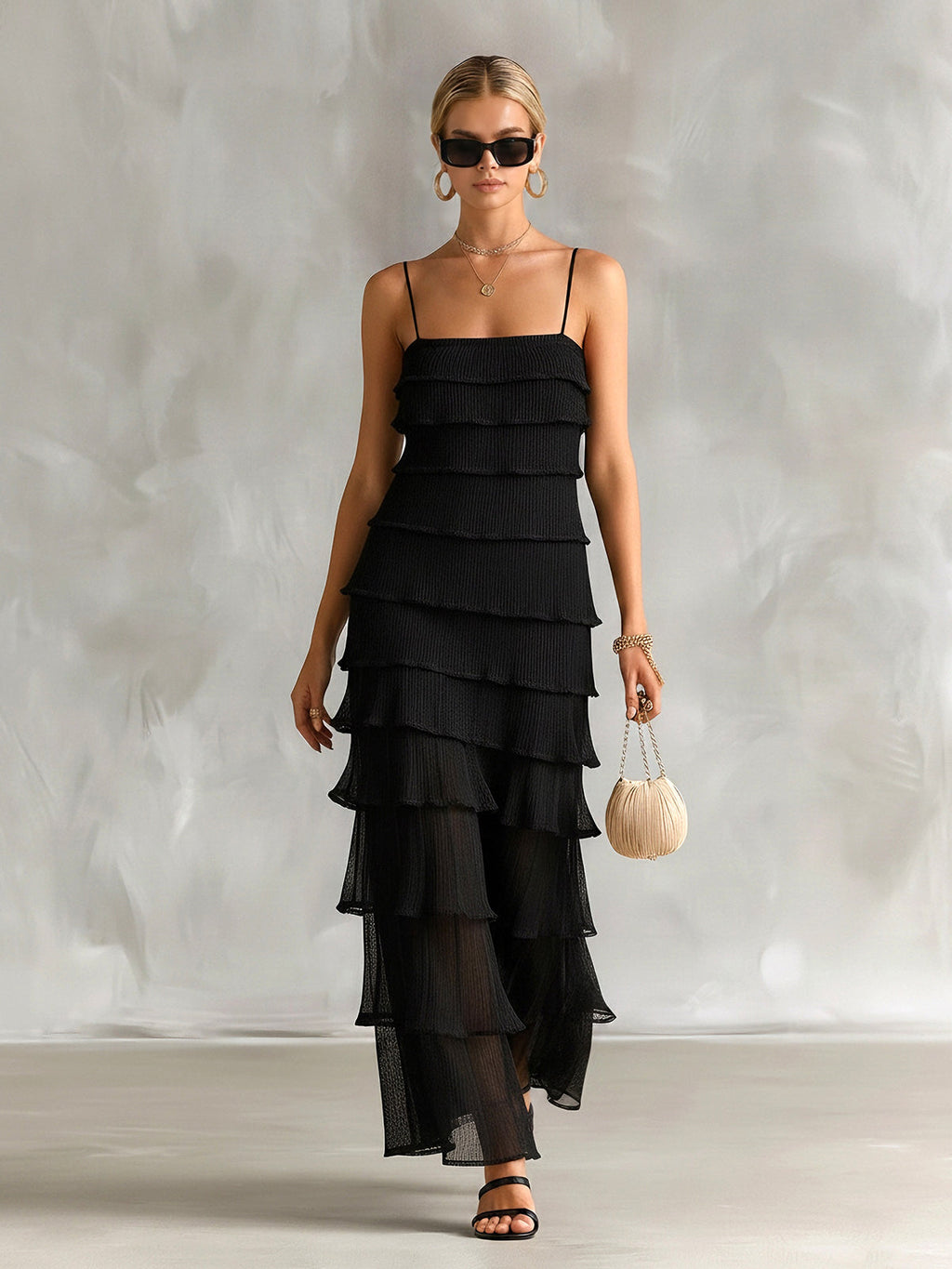 Chic Elegant Black Pleated Chiffon Spaghetti Straps Square-Neck Sleeveless Tiered Slim-Fit Maxi Dress