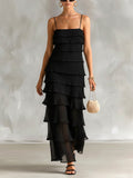 Chic Elegant Black Pleated Chiffon Spaghetti Straps Square-Neck Sleeveless Tiered Slim-Fit Maxi Dress