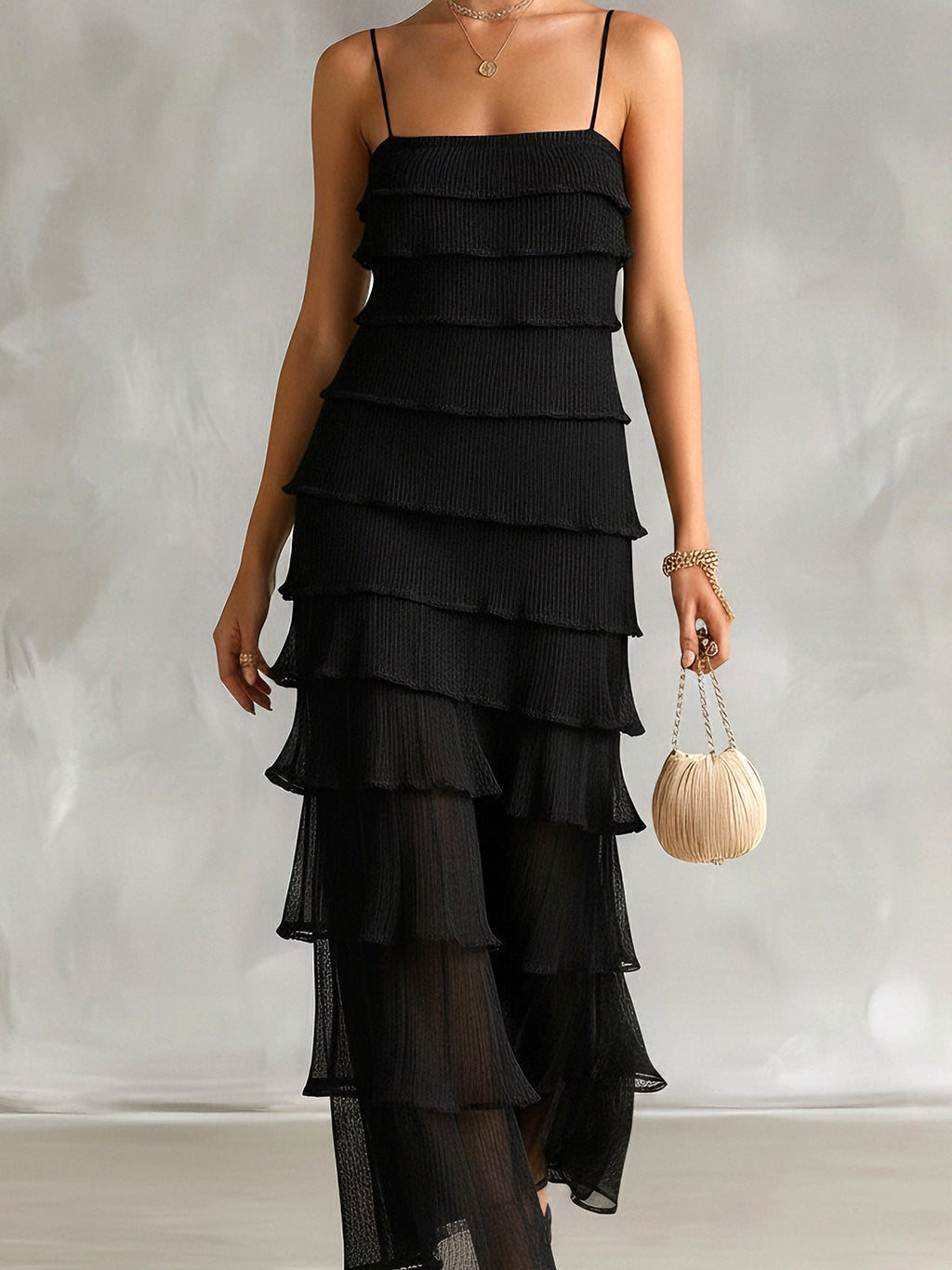 Chic Elegant Black Pleated Chiffon Spaghetti Straps Square-Neck Sleeveless Tiered Slim-Fit Maxi Dress