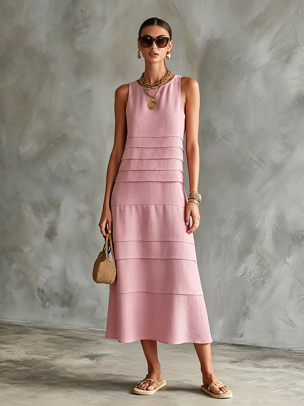 Chic Elegant Pink Cotton-Linen Blend Round-Neck Sleeveless Patchwork Detail A-Line Loose-Fit Midi Dress