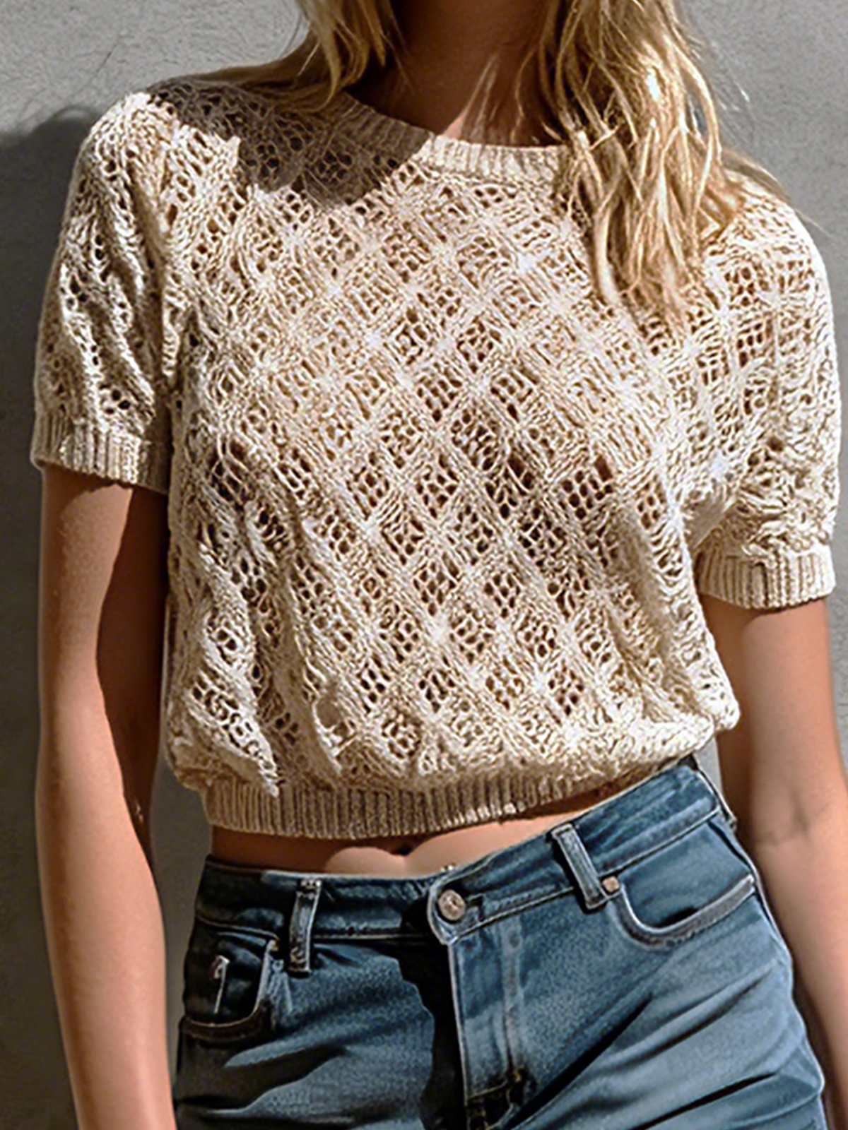 Chic Casual Off-White Round-Neck Short-Sleeve Loose-Fit Diamond Lattice Open Knit Sweater Top