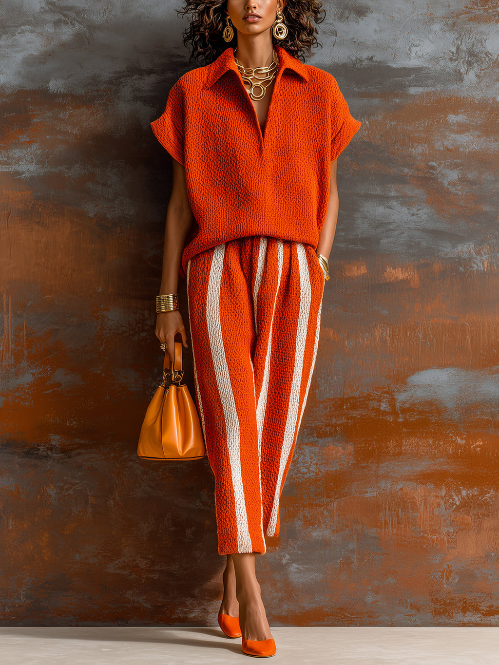 Chic Elegant Orange-White Colorblock Lapel V-Neck Short-Sleeve Loose-Fit Sweater Elastic-Waist Pants Knit Two-Piece Set