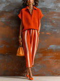 Chic Elegant Orange-White Colorblock Lapel V-Neck Short-Sleeve Loose-Fit Sweater Elastic-Waist Pants Knit Two-Piece Set
