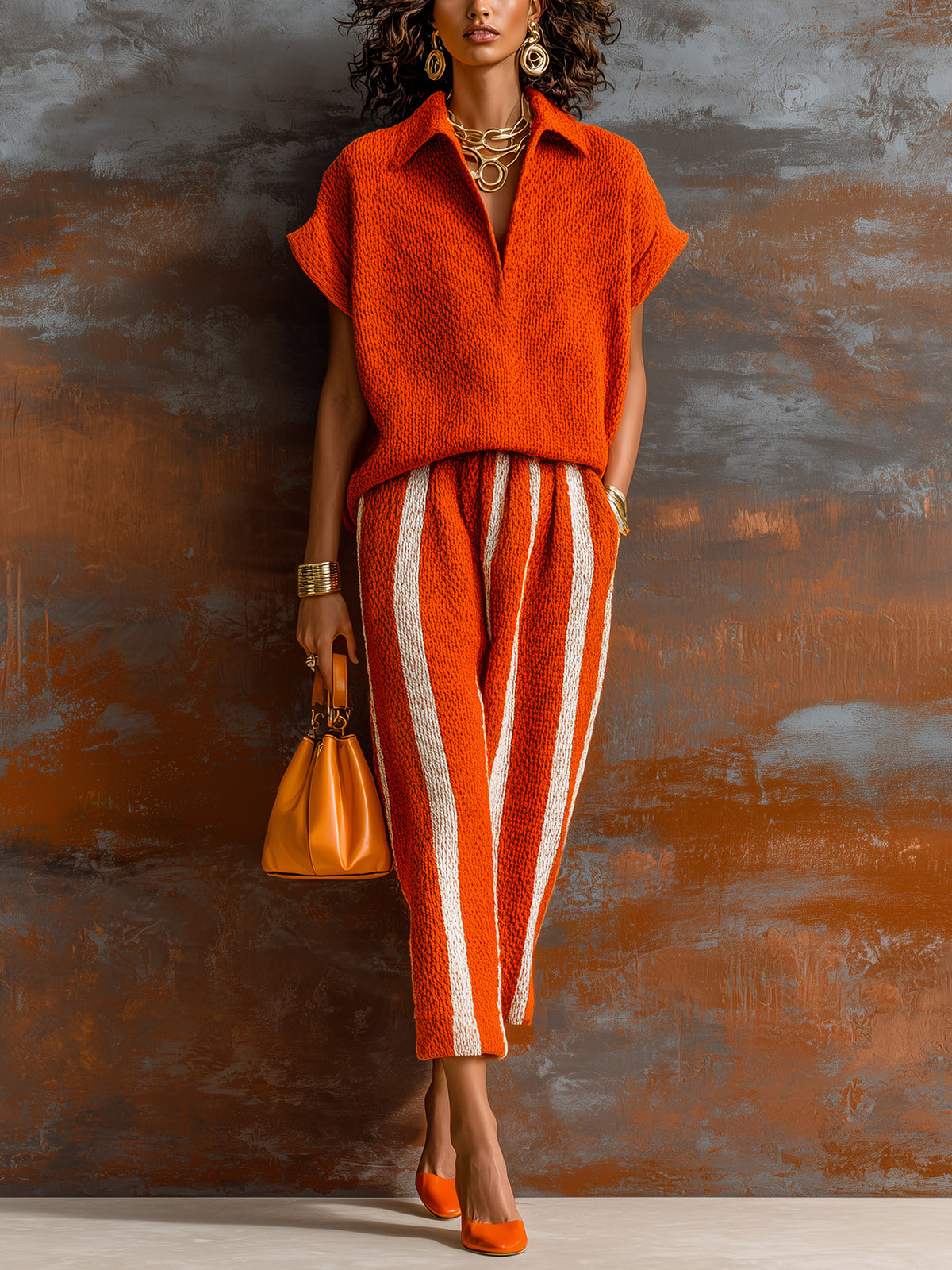 Chic Elegant Orange-White Colorblock Lapel V-Neck Short-Sleeve Loose-Fit Sweater Elastic-Waist Pants Knit Two-Piece Set
