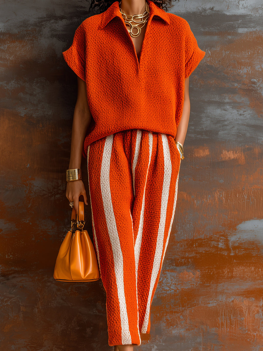 Chic Elegant Orange-White Colorblock Lapel V-Neck Short-Sleeve Loose-Fit Sweater Elastic-Waist Pants Knit Two-Piece Set