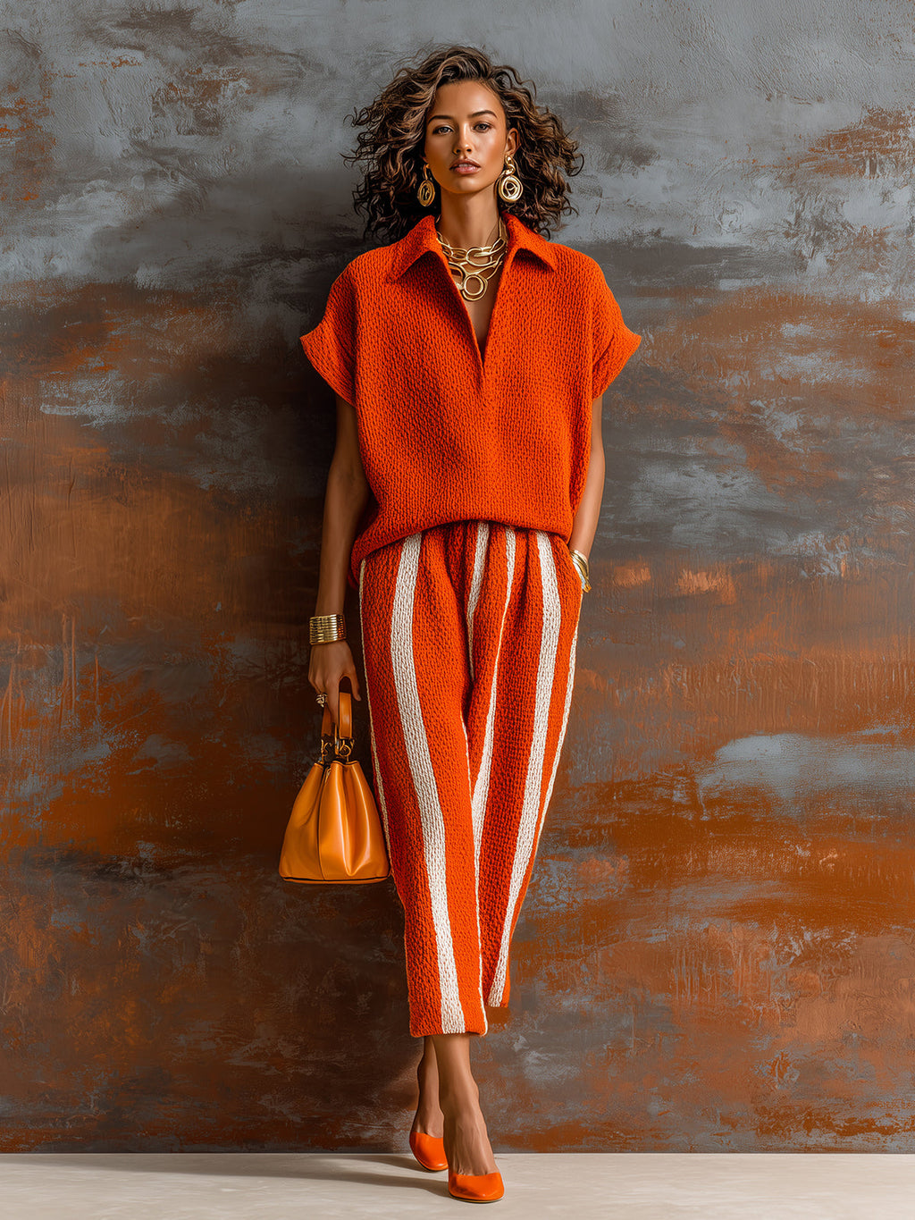 Chic Elegant Orange-White Colorblock Lapel V-Neck Short-Sleeve Loose-Fit Sweater Elastic-Waist Pants Knit Two-Piece Set