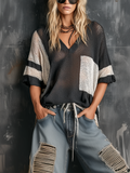 Chic Casual Black-White Colorblock V-Neck Dolman Sleeve Loose-Fit Mesh Knit Sweater Top
