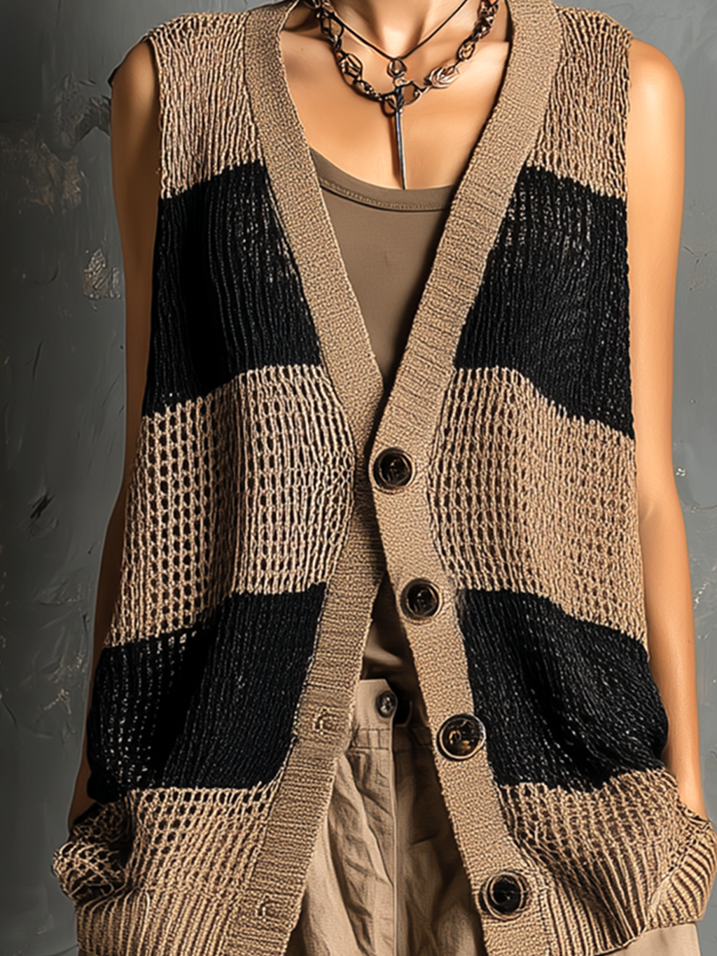 Chic Casual Camel-Black Colorblock V-Neck Single-Breasted Sleeveless Loose-Fit Mesh Knit Vest Top
