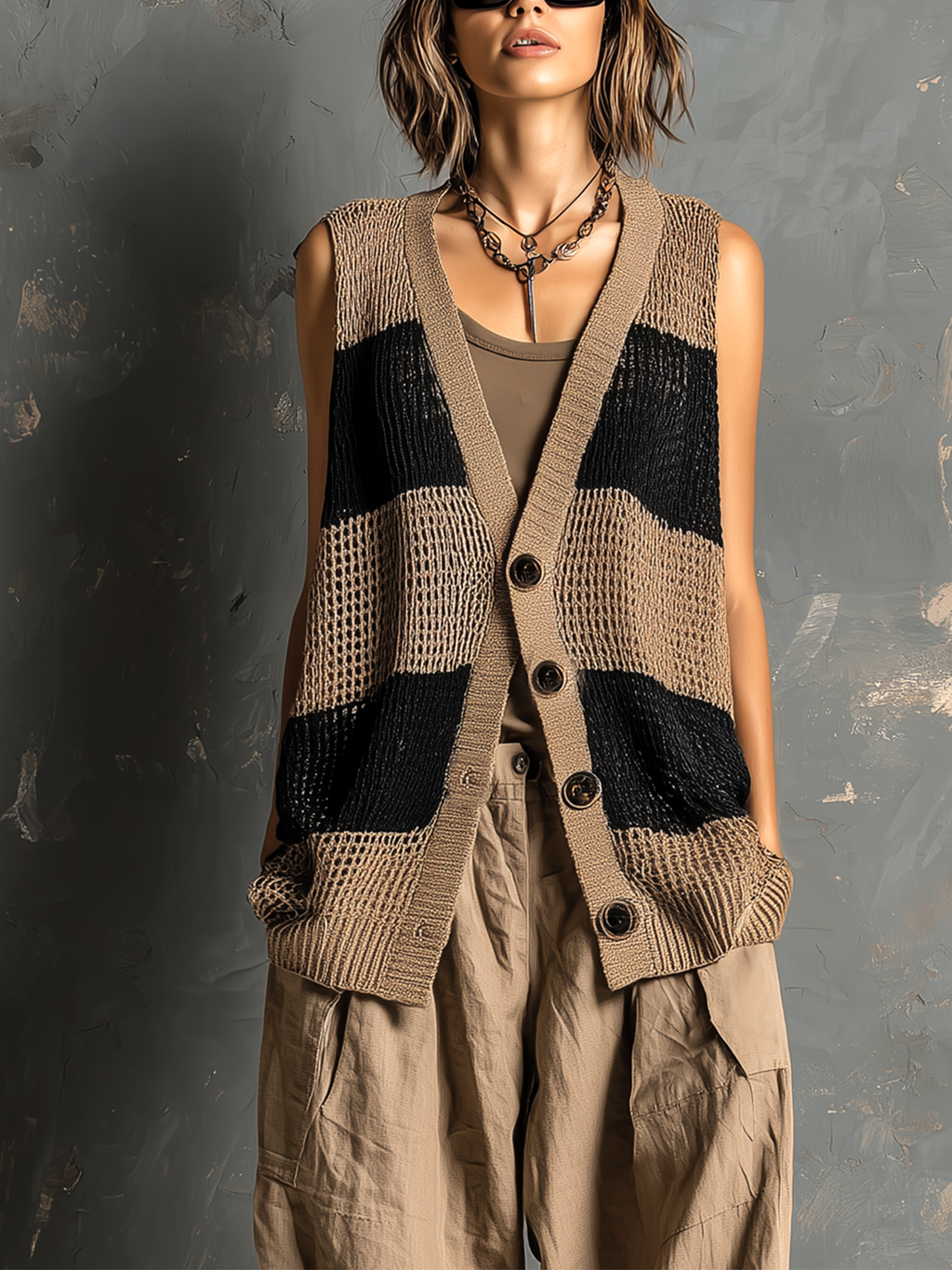 Chic Casual Camel-Black Colorblock V-Neck Single-Breasted Sleeveless Loose-Fit Mesh Knit Vest Top