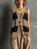 Chic Casual Camel-Black Colorblock V-Neck Single-Breasted Sleeveless Loose-Fit Mesh Knit Vest Top