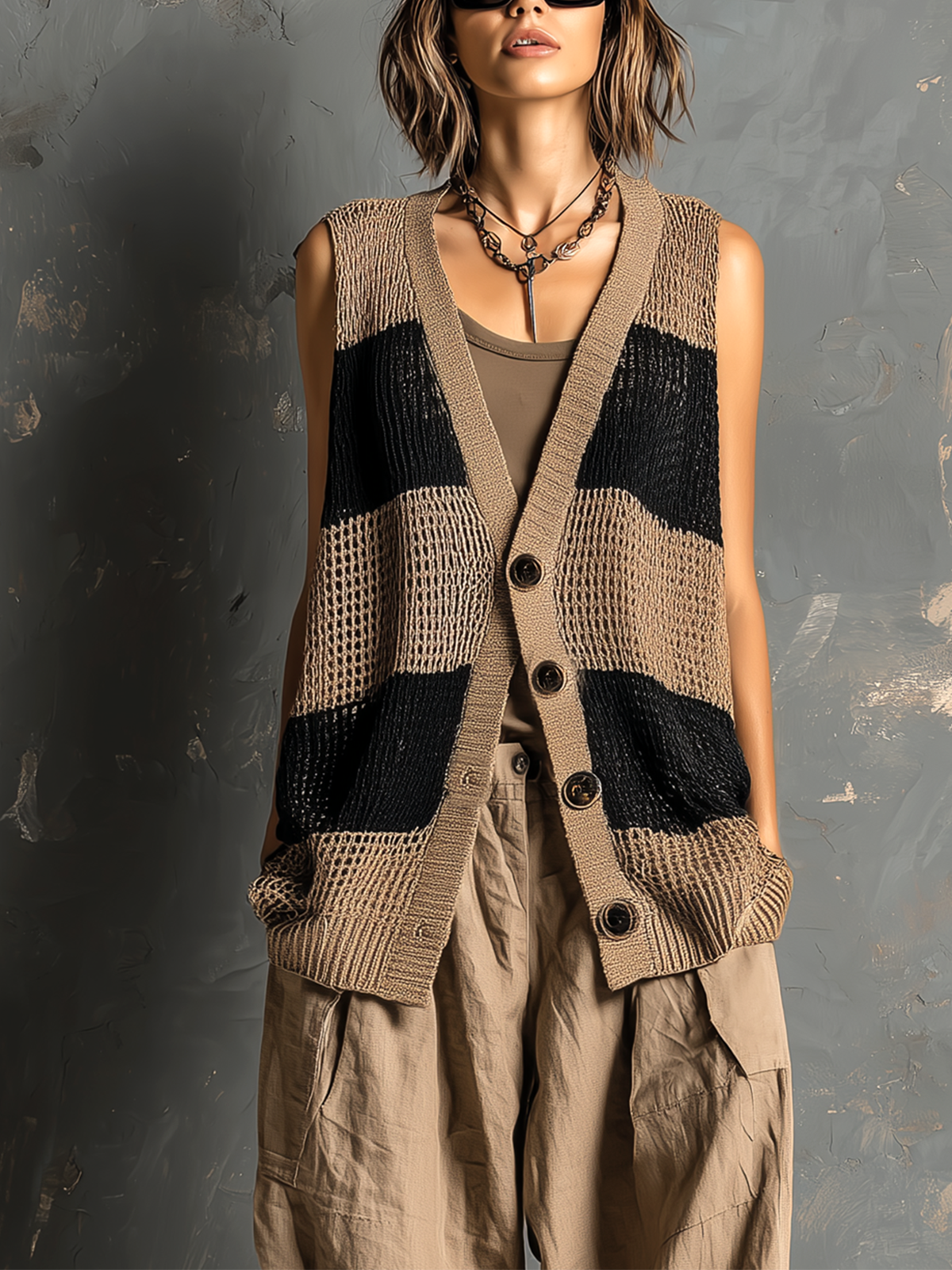 Chic Casual Camel-Black Colorblock V-Neck Single-Breasted Sleeveless Loose-Fit Mesh Knit Vest Top