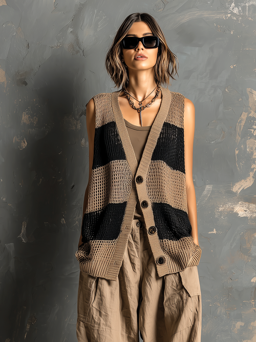 Chic Casual Camel-Black Colorblock V-Neck Single-Breasted Sleeveless Loose-Fit Mesh Knit Vest Top