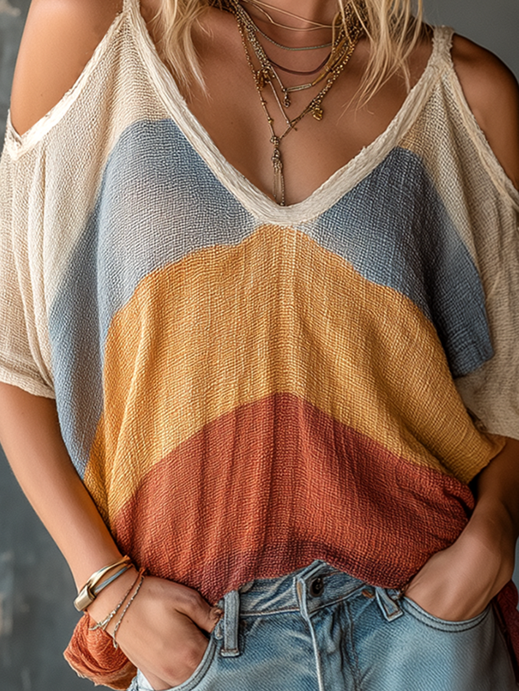 Chic Casual Multi-Color Stripe Cold Shoulder V-Neck Dolman Sleeve Oversize Cotton Linen Blend T-Shirt Top