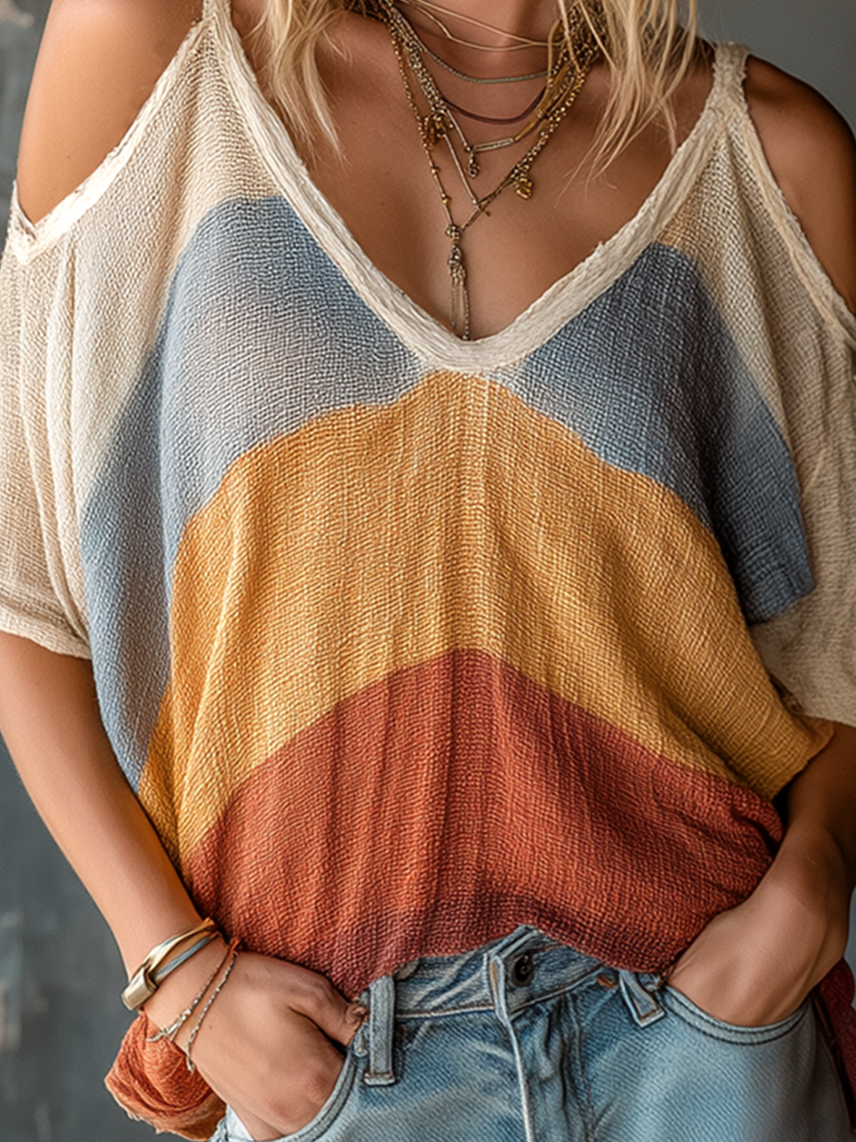 Chic Casual Multi-Color Stripe Cold Shoulder V-Neck Dolman Sleeve Oversize Cotton Linen Blend T-Shirt Top