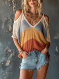 Chic Casual Multi-Color Stripe Cold Shoulder V-Neck Dolman Sleeve Oversize Cotton Linen Blend T-Shirt Top