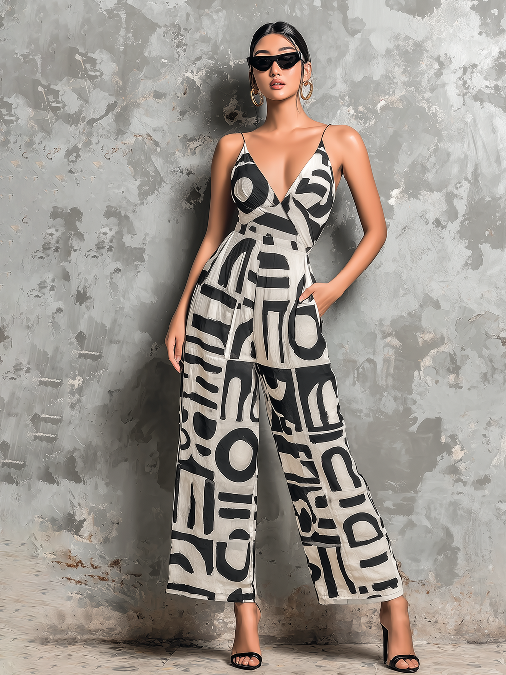 Chic Elegant Off White Textured Chiffon Abstract Geometric Print Spaghetti Straps V-Neck Sleeveless Tailored-Waist Loose-Fit Wide-Leg  Ankle Jumpsuit