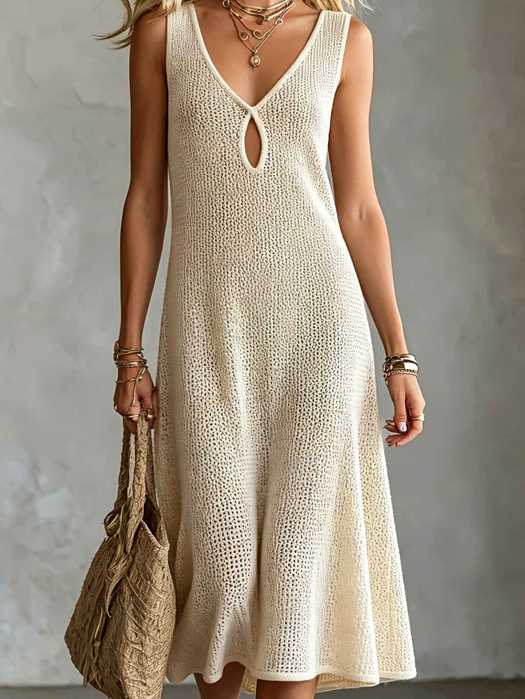 Chic Elegant Beige V-Neck Keyhole Cutout Detail Sleeveless Loose-Fit A-Line Mesh-Knit Midi Dress