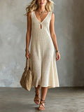 Chic Elegant Beige V-Neck Keyhole Cutout Detail Sleeveless Loose-Fit A-Line Mesh-Knit Midi Dress