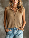 Chic Elegant Camel Lapel Collar Single-Breasted Sleeveless Rib Detail Mesh Knit Vest Top