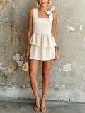 Chic Elegant Beige Cotton-Linen Blend Square-Neck Sleeveless Bow-Tie Detail Ruffled Hem A-Line Mini Dress