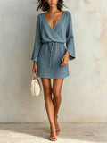 Chic Elegant Dark Blue Cotton-Linen Blend Wrapped V-Neck Long-Flared-Sleeve Tie-Waist A-Line Mini Dress