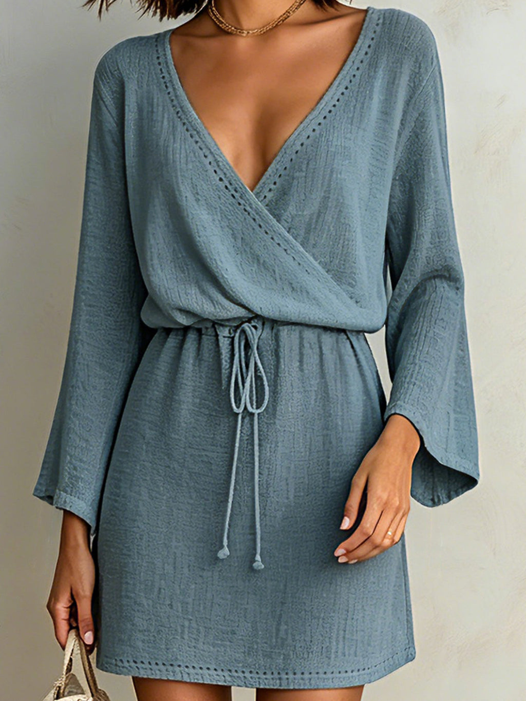Chic Elegant Dark Blue Cotton-Linen Blend Wrapped V-Neck Long-Flared-Sleeve Tie-Waist A-Line Mini Dress