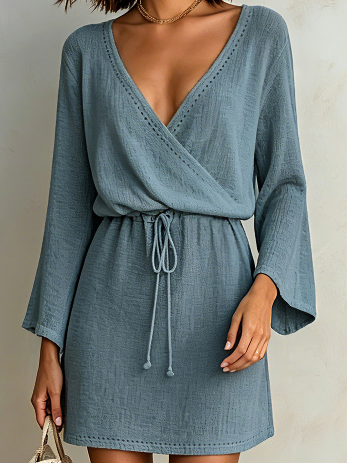 Chic Elegant Dark Blue Cotton-Linen Blend Wrapped V-Neck Long-Flared-Sleeve Tie-Waist A-Line Mini Dress