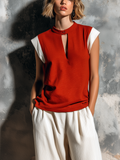 Chic Casual Red-White Colorblock Mandarin Stand Collar Button Keyhole Cap Sleeves Loose-Fit Slub Cotton Fabric Shirt