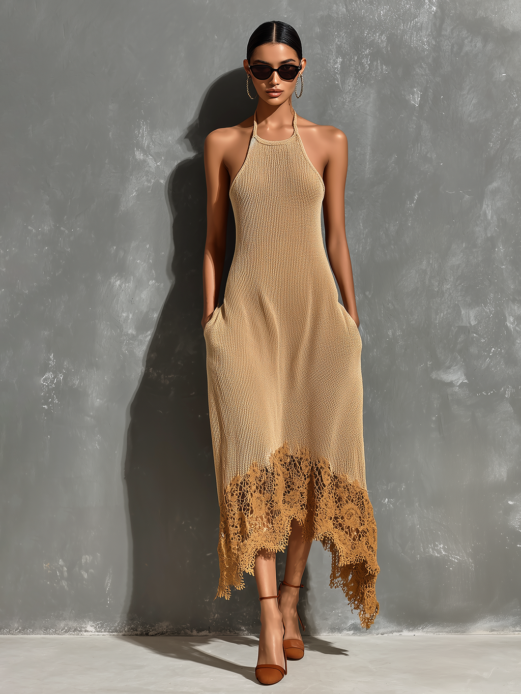 Chic Elegant Camel Halter Neck Asymmetrical Lace Hem  Sleeveless Loose-Fit A-Line Knit Midi Dress