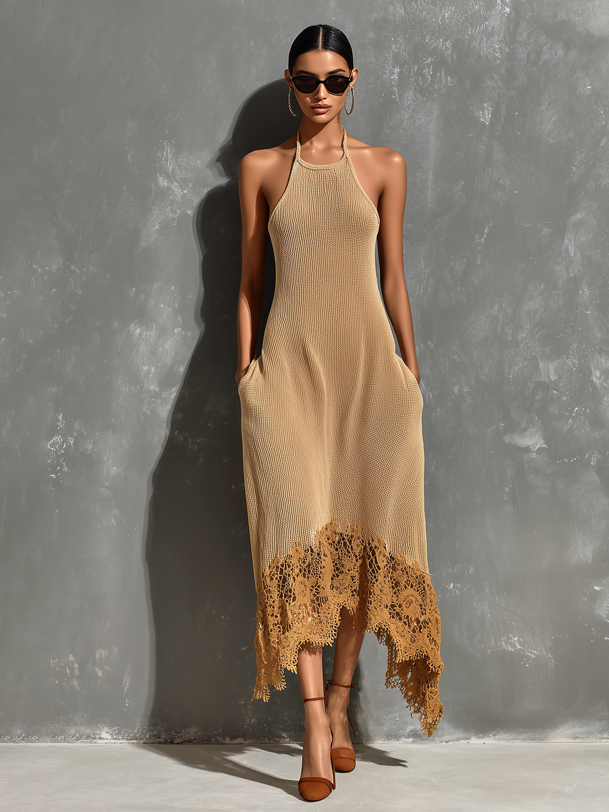 Chic Elegant Camel Halter Neck Asymmetrical Lace Hem  Sleeveless Loose-Fit A-Line Knit Midi Dress