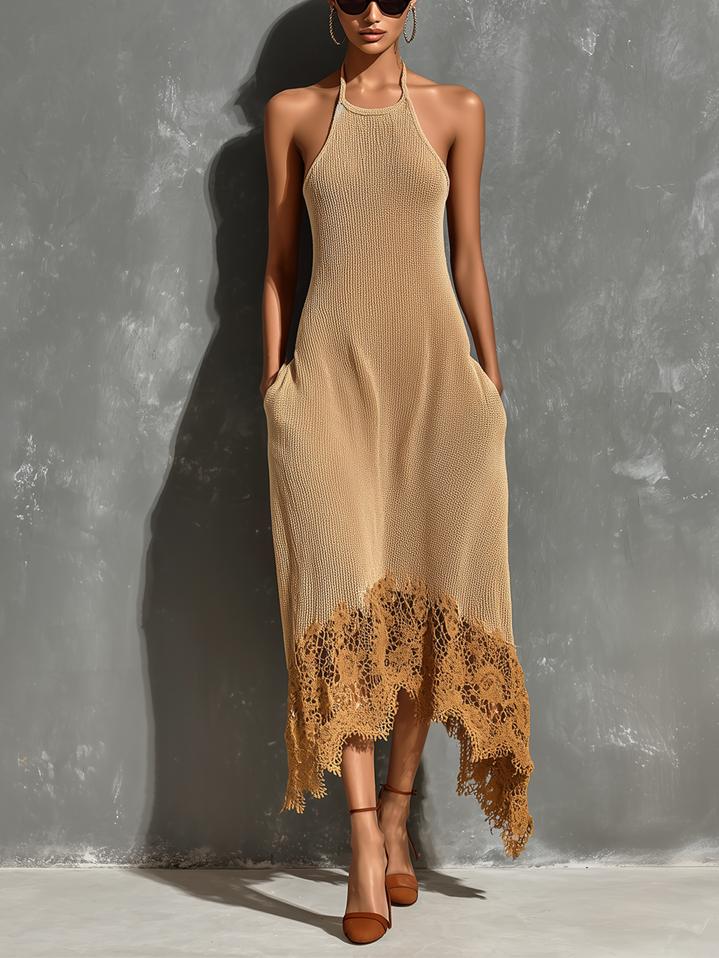 Chic Elegant Camel Halter Neck Asymmetrical Lace Hem  Sleeveless Loose-Fit A-Line Knit Midi Dress