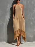 Chic Elegant Camel Halter Neck Asymmetrical Lace Hem  Sleeveless Loose-Fit A-Line Knit Midi Dress