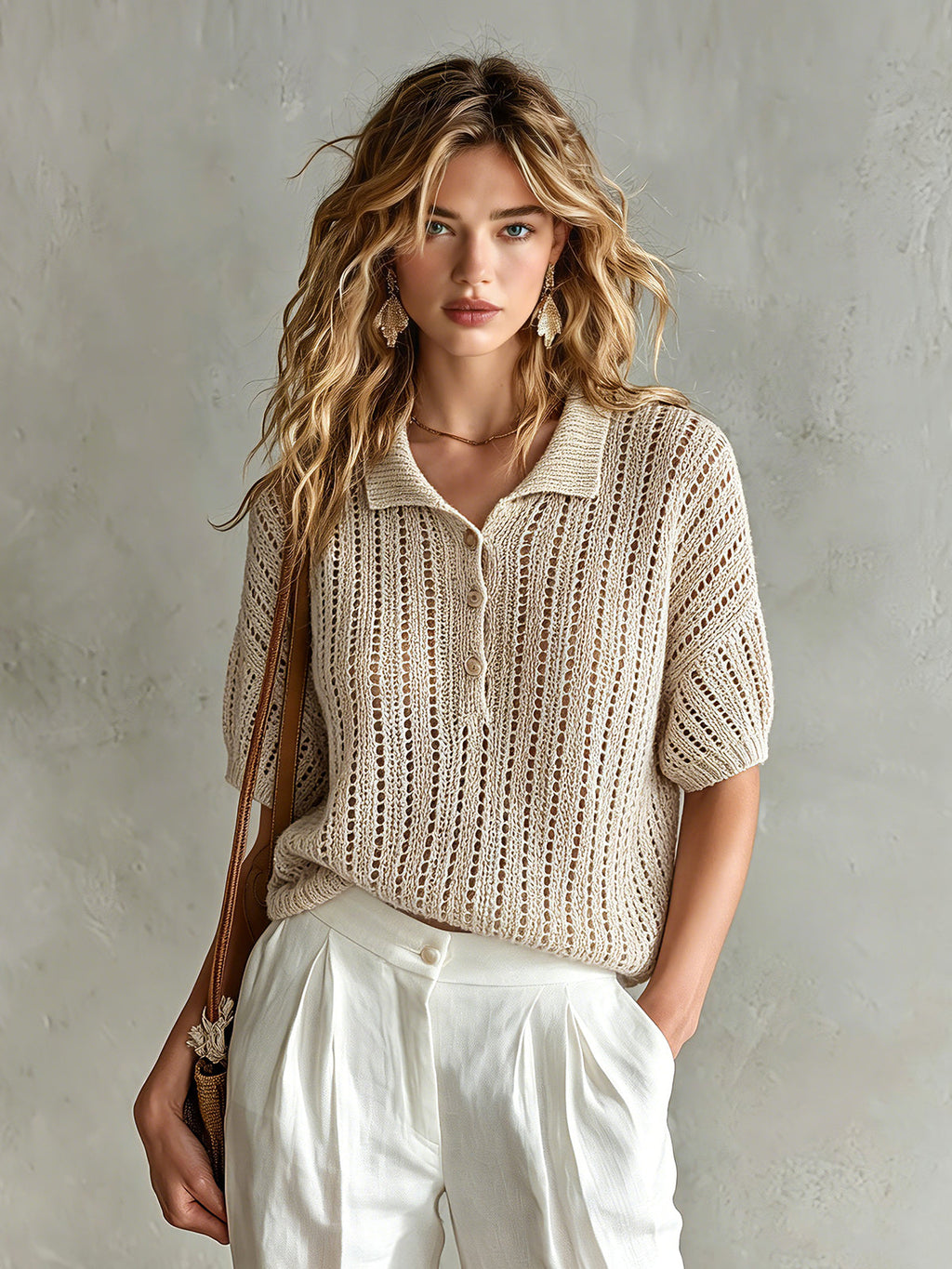 Chic Elegant Beige Button-Up Lapel-Collar Short-Sleeve Loose-Fit Hollow-Out Mesh Knit Sweater Top