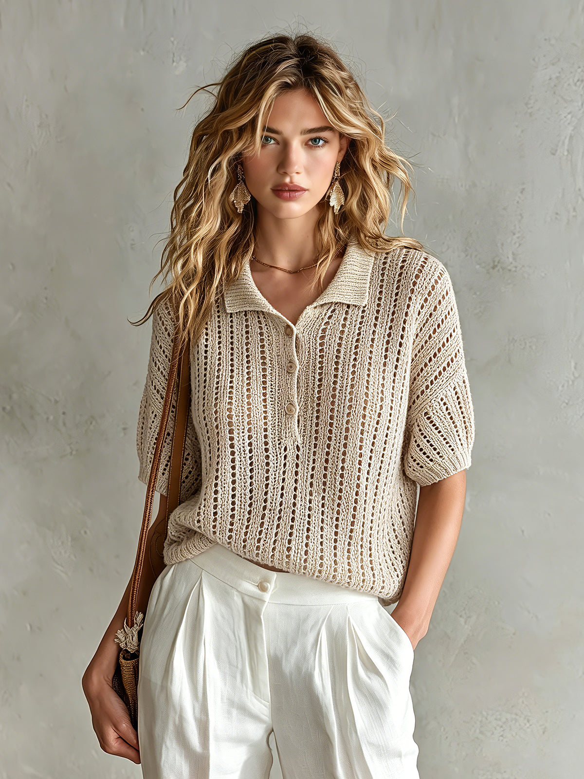Chic Elegant Beige Button-Up Lapel-Collar Short-Sleeve Loose-Fit Hollow-Out Mesh Knit Sweater Top