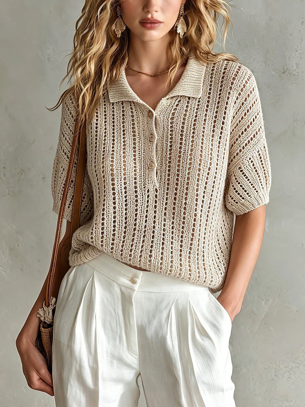 Chic Elegant Beige Button-Up Lapel-Collar Short-Sleeve Loose-Fit Hollow-Out Mesh Knit Sweater Top