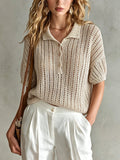 Chic Elegant Beige Button-Up Lapel-Collar Short-Sleeve Loose-Fit Hollow-Out Mesh Knit Sweater Top