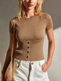 Chic Elegant Camel Round-Neck Short-Sleeve Button-Front Slim-Fit Ribbed Knit Sweater Top