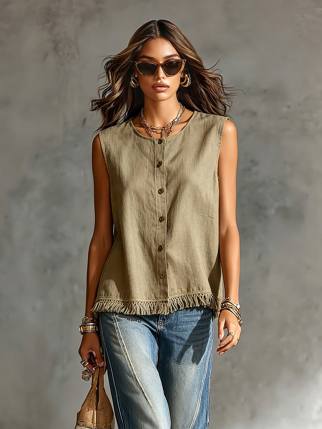 Chic Elegant Army Green Cotton-Linen Blend Round-Neck Single-Breasted Sleeveless Fringe Detail Loose-Fit Shirt
