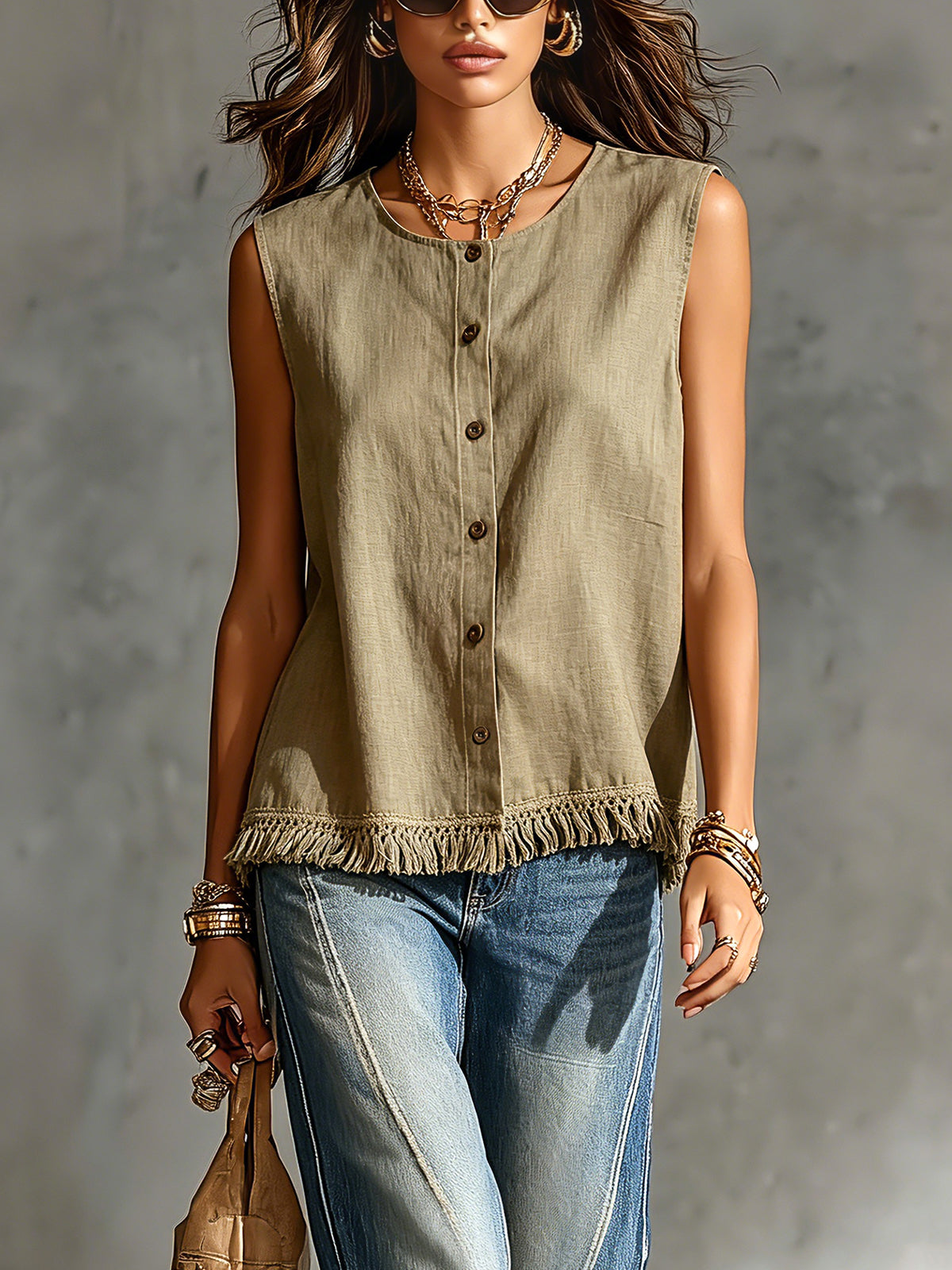 Chic Elegant Army Green Cotton-Linen Blend Round-Neck Single-Breasted Sleeveless Fringe Detail Loose-Fit Shirt