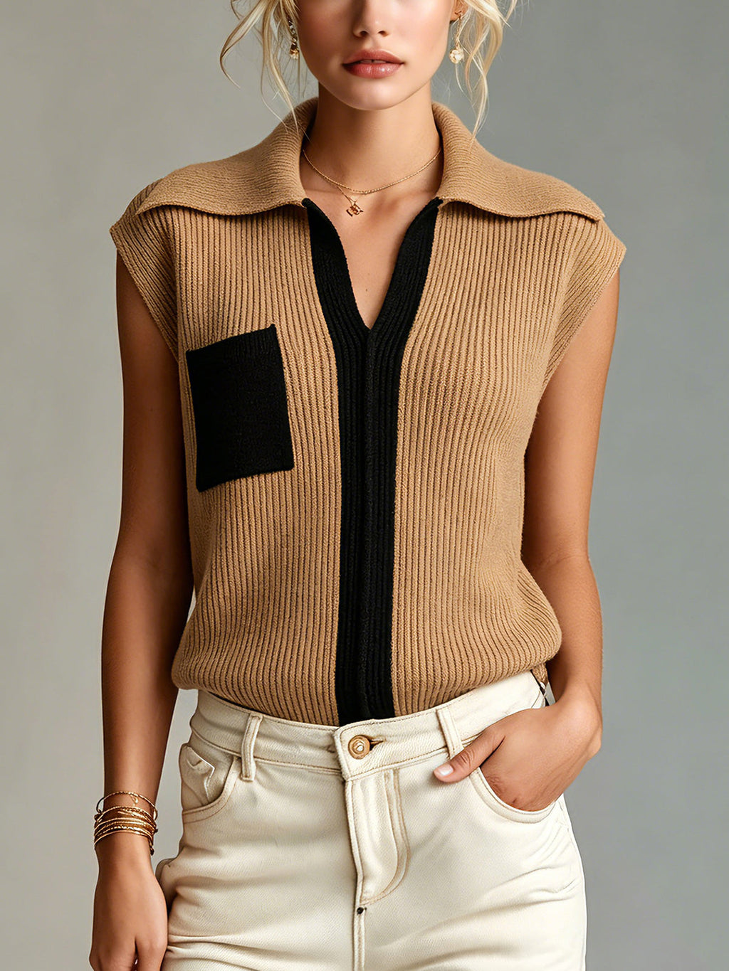 Chic Elegant Camel-Black Colorblock Lapel V-Neck Sleeveless Loose-Fit Ribbed Knit Vest Top