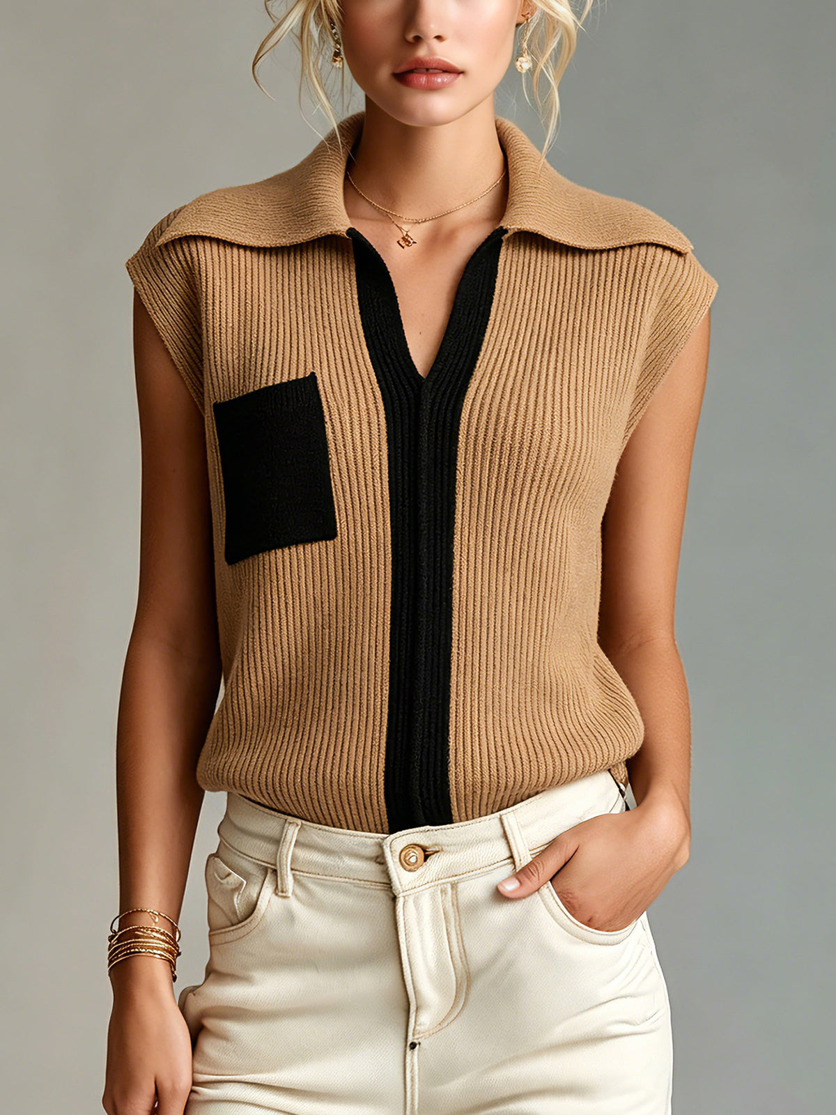 Chic Elegant Camel-Black Colorblock Lapel V-Neck Sleeveless Loose-Fit Ribbed Knit Vest Top