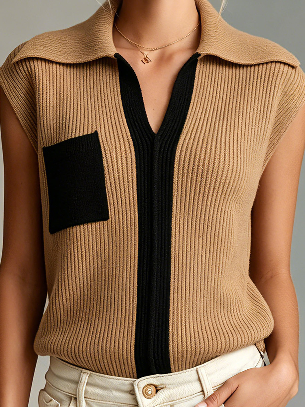 Chic Elegant Camel-Black Colorblock Lapel V-Neck Sleeveless Loose-Fit Ribbed Knit Vest Top