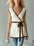 Chic Elegant Cream White Wrapped V-Neck Sleeveless Tie-Waist Loose-Fit Contrast Trim Knit Vest Top