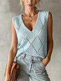 Chic Elegant Light Blue Argyle Pattern Jacquard V-Neck Sleeveless Loose-Fit Knit Vest Top