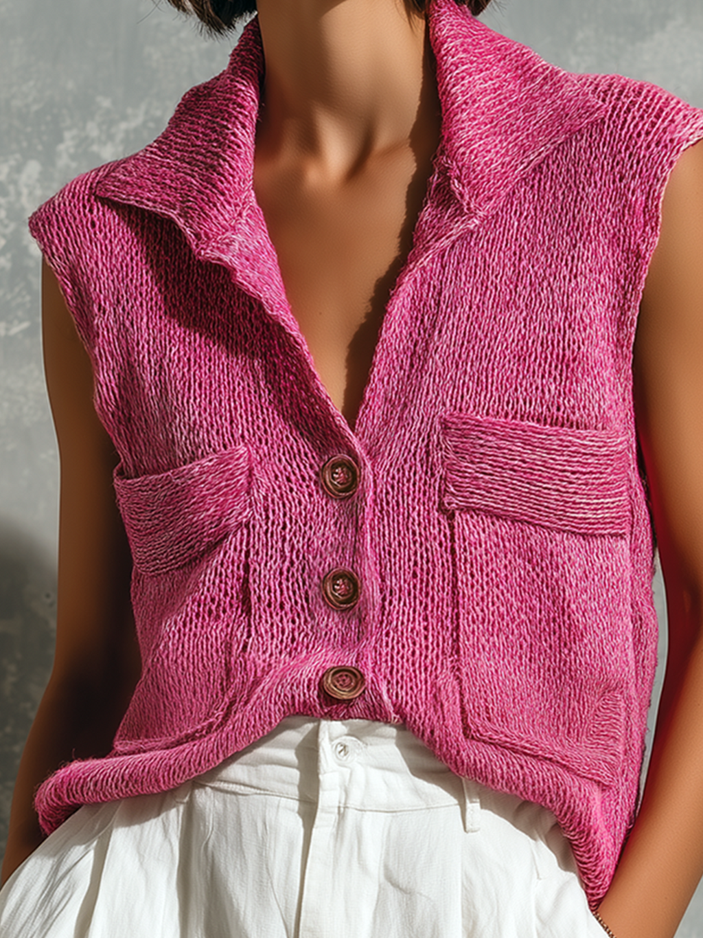Chic Casual Hot Pink Lapel Collar Single-Breasted Patch Pockets Sleeveless Loose-Fit Knit Vest Top