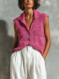 Chic Casual Hot Pink Lapel Collar Single-Breasted Patch Pockets Sleeveless Loose-Fit Knit Vest Top