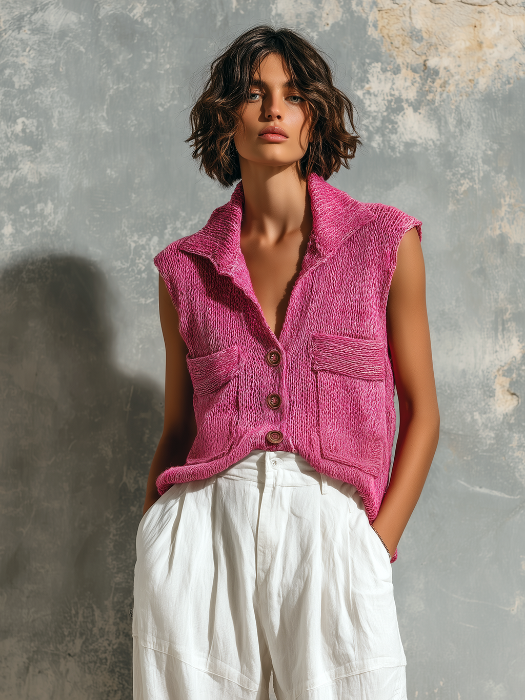 Chic Casual Hot Pink Lapel Collar Single-Breasted Patch Pockets Sleeveless Loose-Fit Knit Vest Top