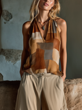 Chic Casual Camel Geometric Colorblock Print V-Neck Sleeveless Loose-Fit Cotton Fabric Vest Top