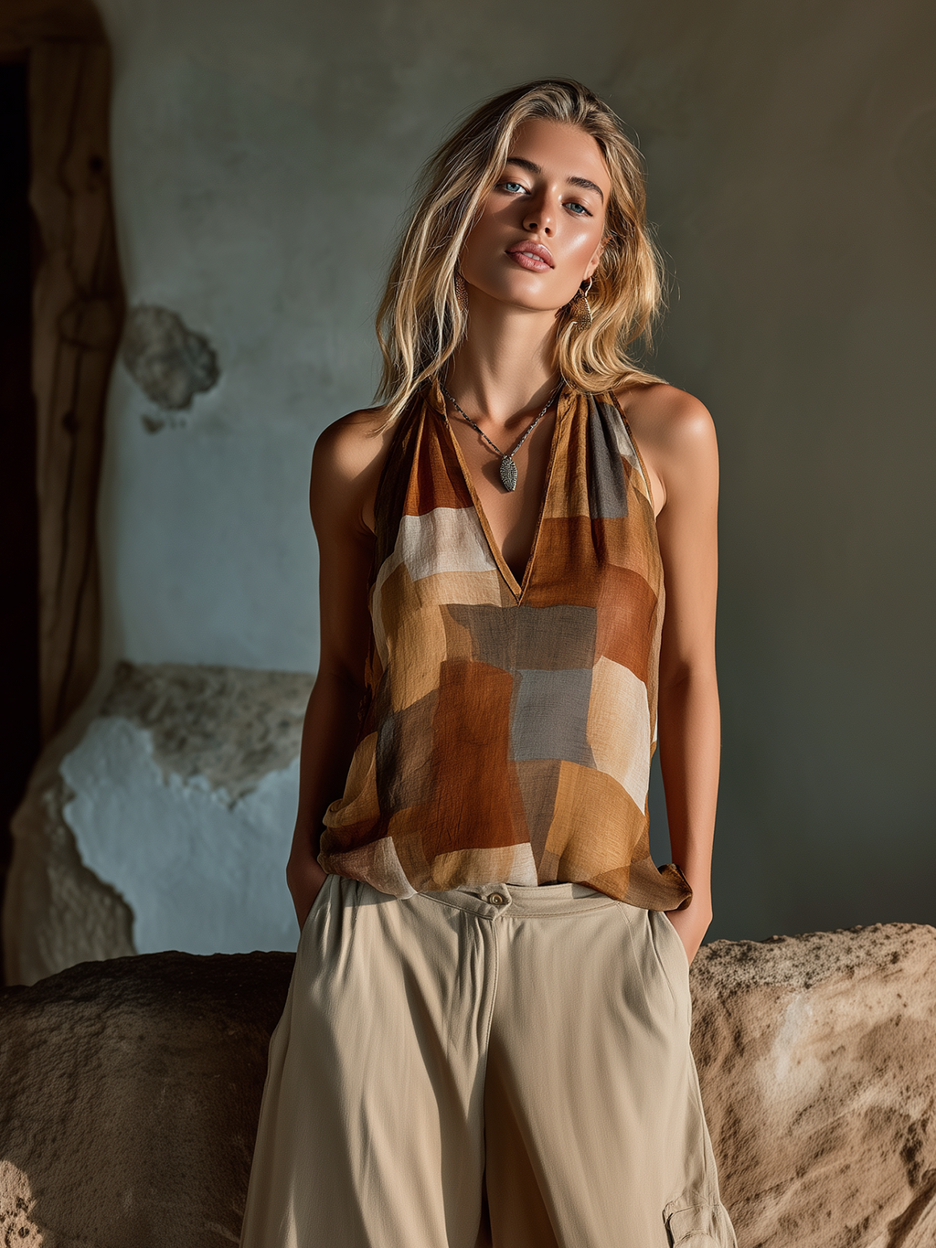 Chic Casual Camel Geometric Colorblock Print V-Neck Sleeveless Loose-Fit Cotton Fabric Vest Top