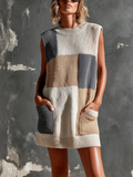 Chic Elegant White-Camel-Gray Colorblock Round-Neck Patch Pockets Sleeveless Loose-Fit Knit Mini Dress